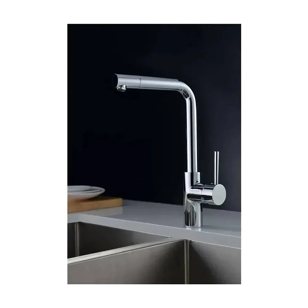 Vista lateral y perspectiva de Grifo de cocina monomando de caño alto con bocal orientable cromado Venecia de Imex