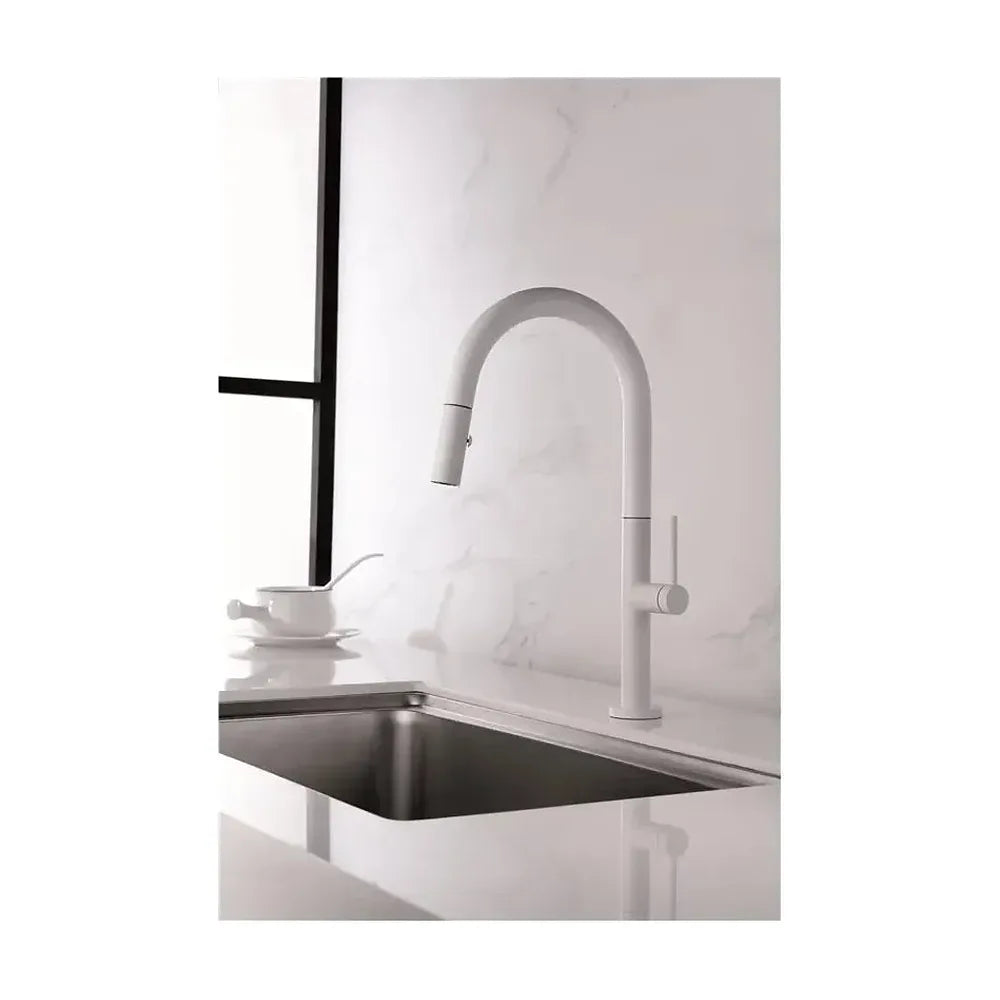Vista lateral y perspectiva de Grifo de cocina monomando de caño alto fabricado en latón blanco mate Samoa de Imex