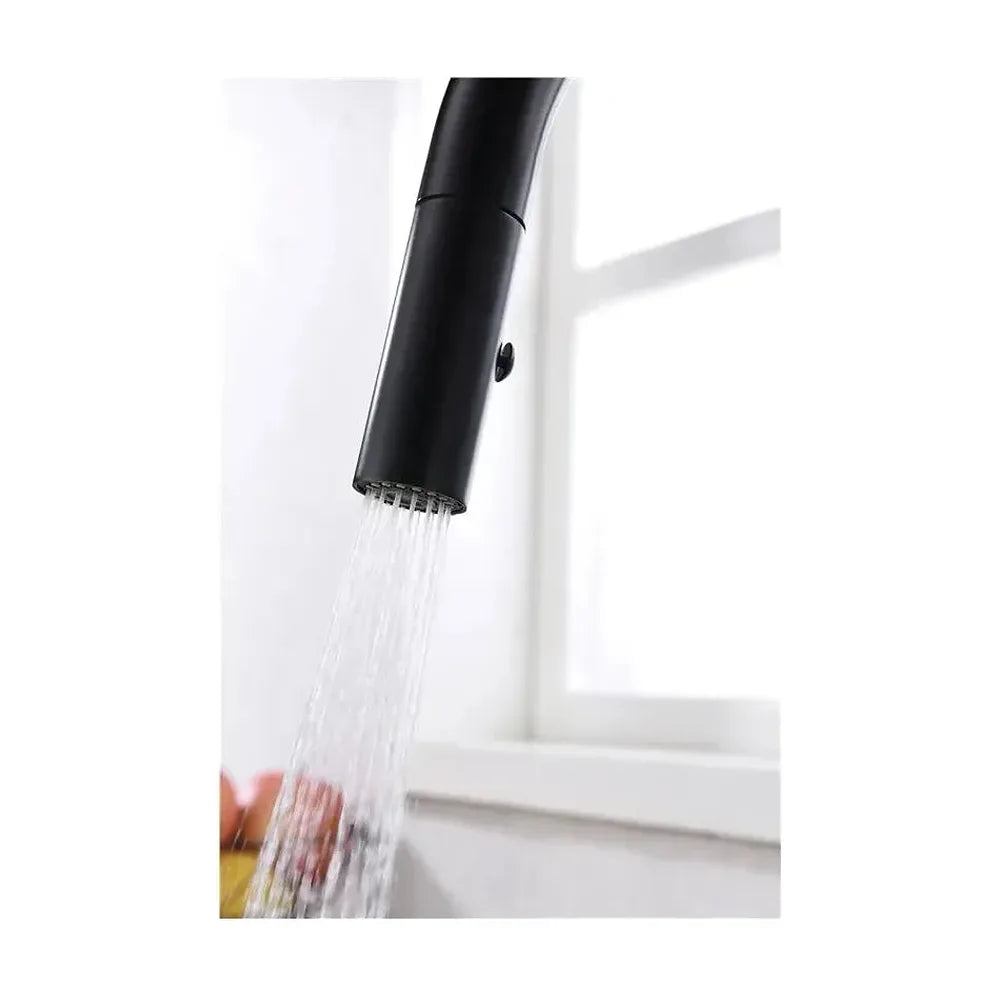 Detalle de funcionamiento de Grifo de cocina monomando de caño alto fabricado en latón en negro mate Samoa de Imex