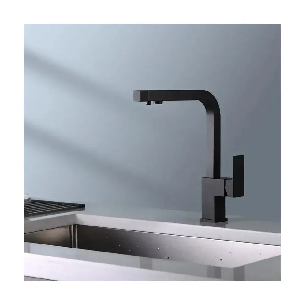 Vista lateral y perspectiva de Grifo de cocina monomando de caño alto con osmosis en color negro mate Capri de Imex
