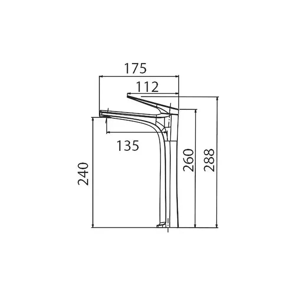 Vista lateral y perspectiva de Grifo monomando con caño alto para lavabo fabricado en latón con acabado negro metalizado...