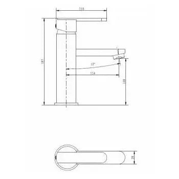 Vista lateral y perspectiva de Grifo monomando de latón cdo para lavabo con caño recto y maneta plana 11x18 cm Roma de Imex