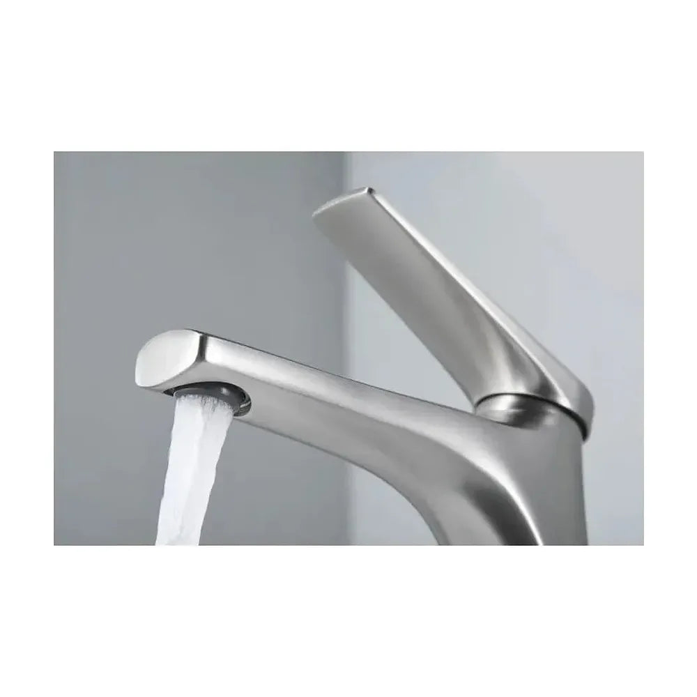 Vista principal de Grifo monomando sobre repisa para lavabo hecho de acero inoxidable con acabado satinado Delos de Imex