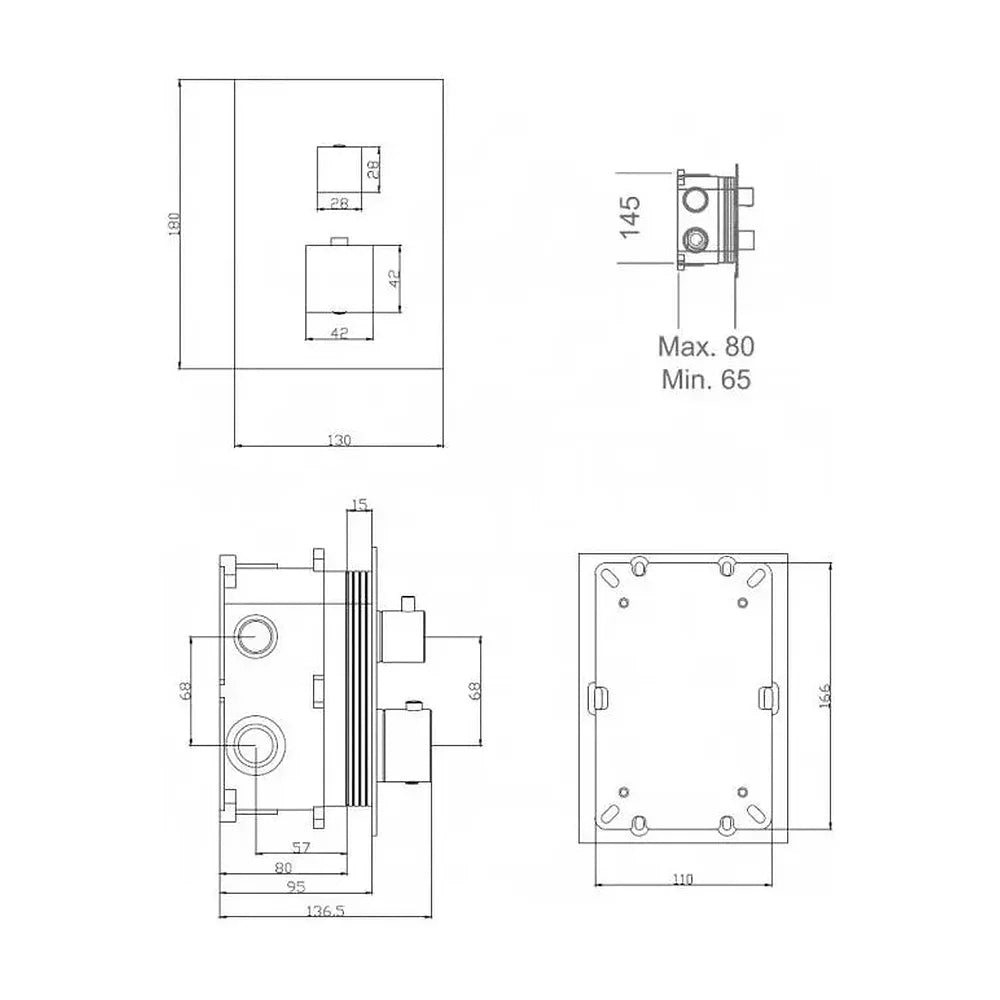 Vista lateral y perspectiva de Grifo termostático empotrado de 2 vías fabricado en latón con un acabado cromado de Imex