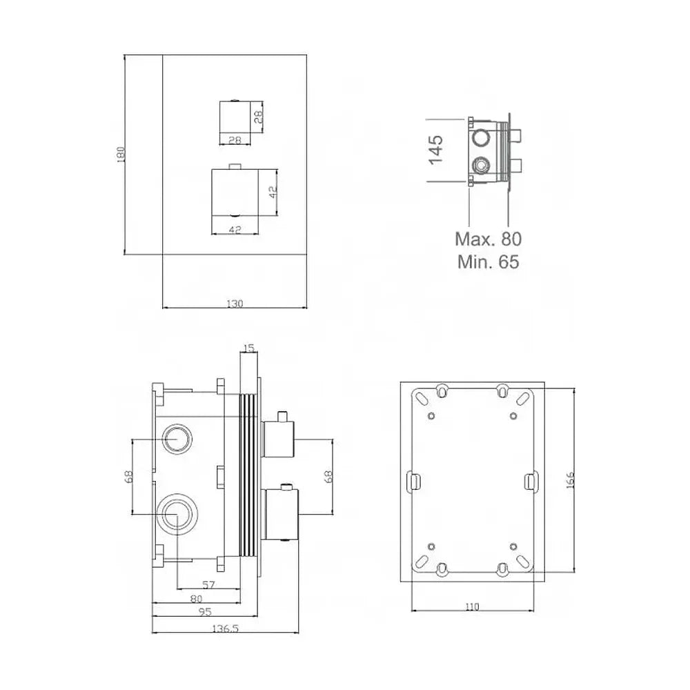 Vista lateral y perspectiva de Grifo termostático empotrado de 3 vías fabricado en latón con un acabado cromado de Imex