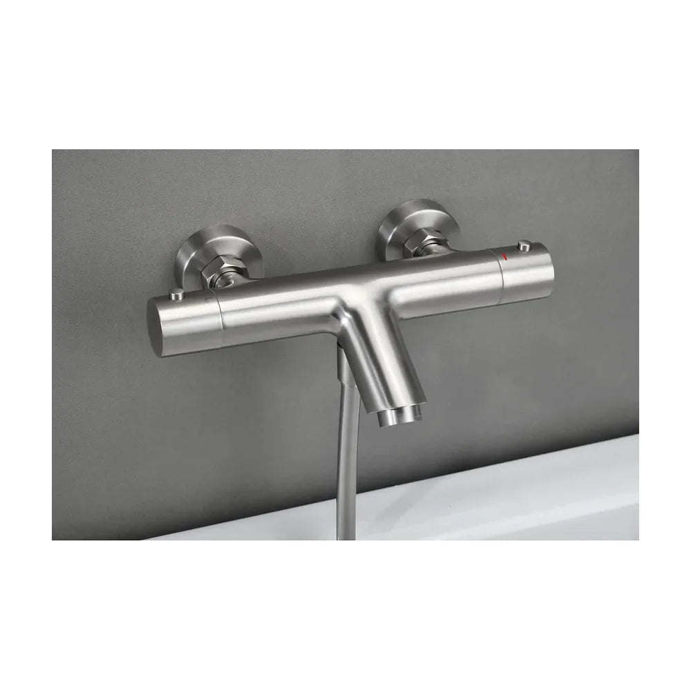 Vista lateral y perspectiva de Kit baño/ducha termostatico Monza níquel cepillado Imex