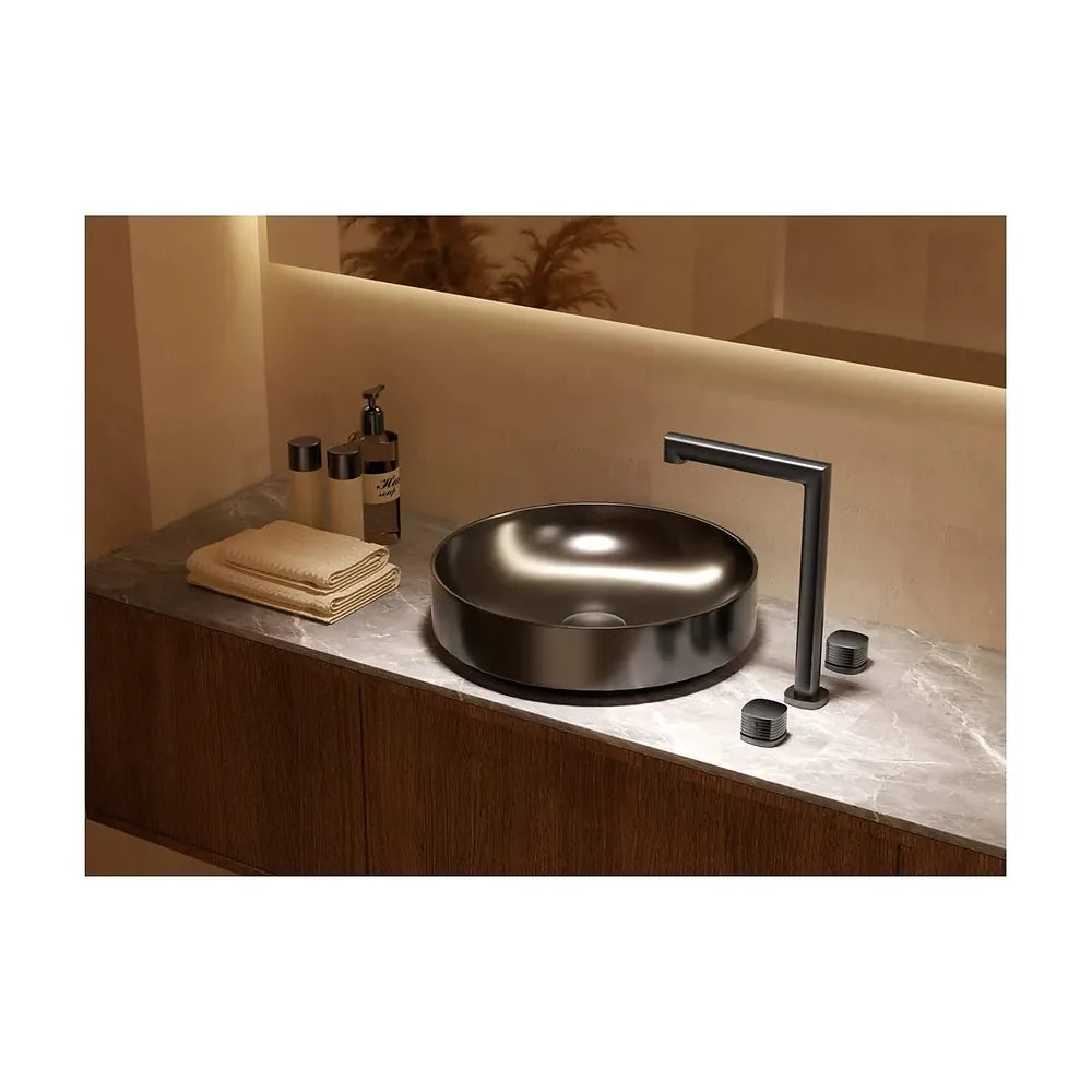 Vista trasera o instalación de Lavabo bimando sobreencimera caño alto Firenze oro rosa cepillado Imex