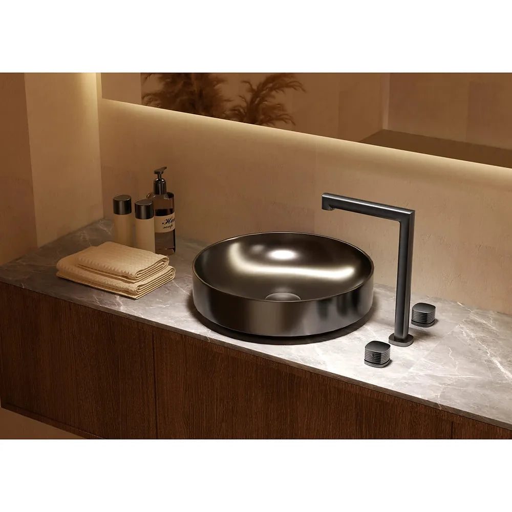 Plano o detalle técnico de Lavabo bimando sobreencimera caño alto Firenze oro cepillado Imex