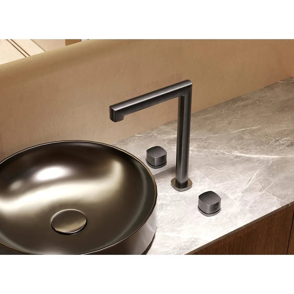 Plano o detalle técnico de Lavabo bimando sobreencimera caño alto Firenze oro cepillado Imex (vista 3)