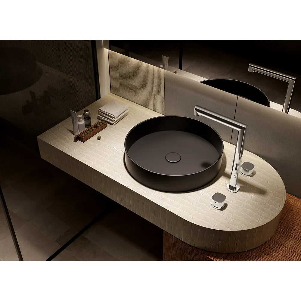 Plano o detalle técnico de Lavabo bimando sobreencimera caño alto Toscana negro mate Imex