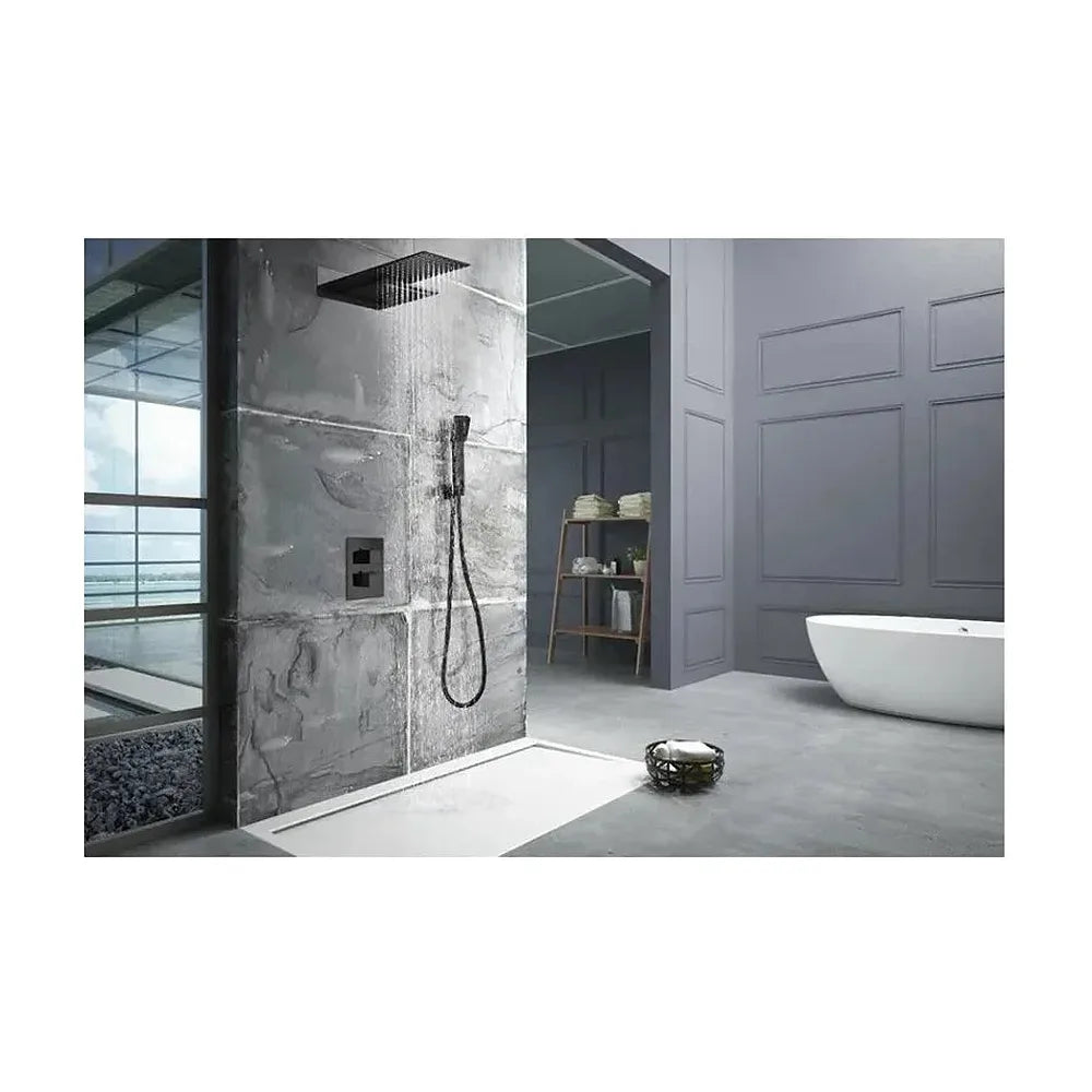 Detalle de funcionamiento de Rociador para ducha de forma rectangular con 2 funciones de color negro mate de Imex