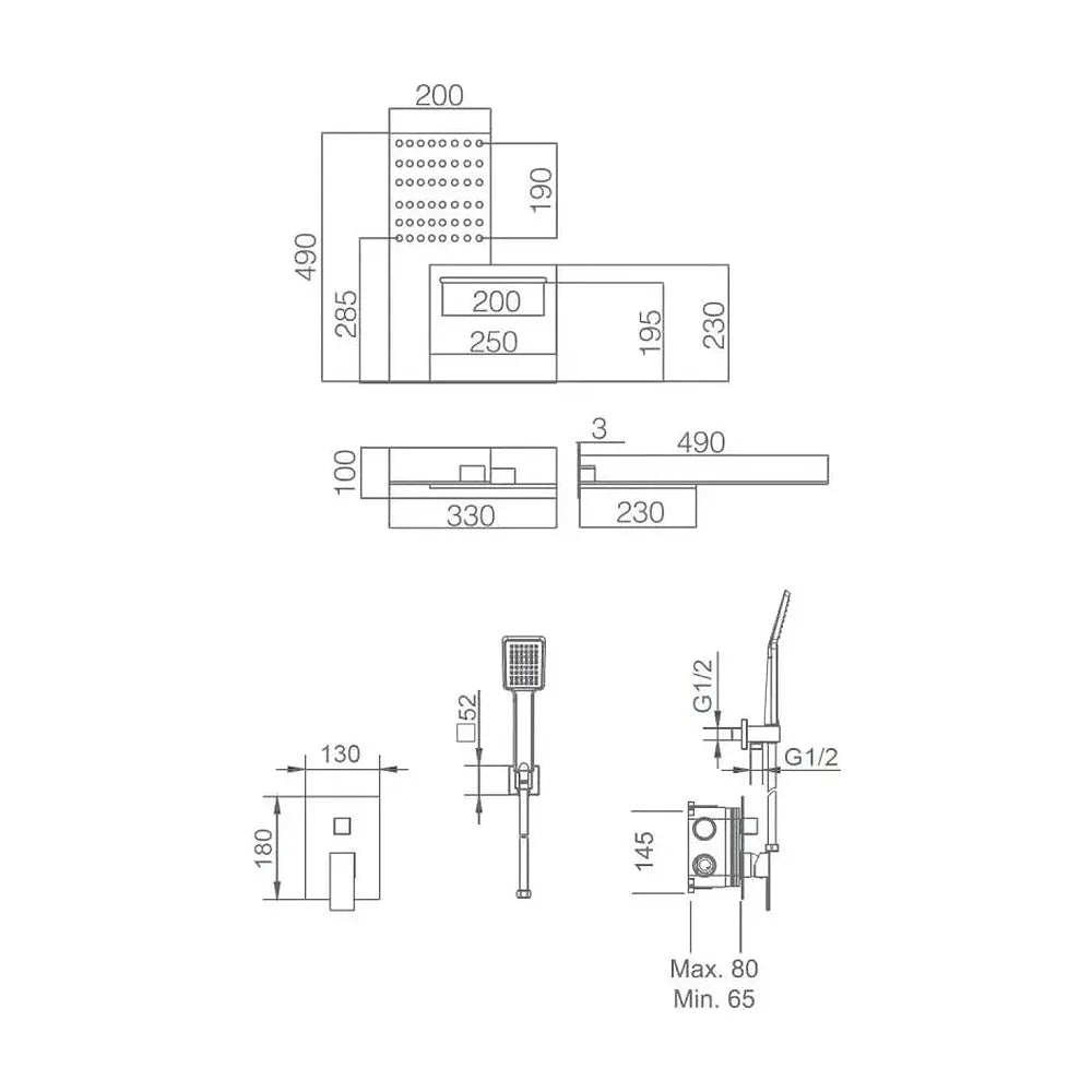 Plano de medidas y cotas técnicas de Rociador para ducha de forma rectangular con 2 funciones de color negro mate de Imex
