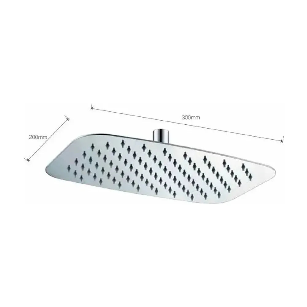 Vista lateral y perspectiva de Rociador rectangular para ducha con un diseño extraplano fabricado en acero inoxidable con...