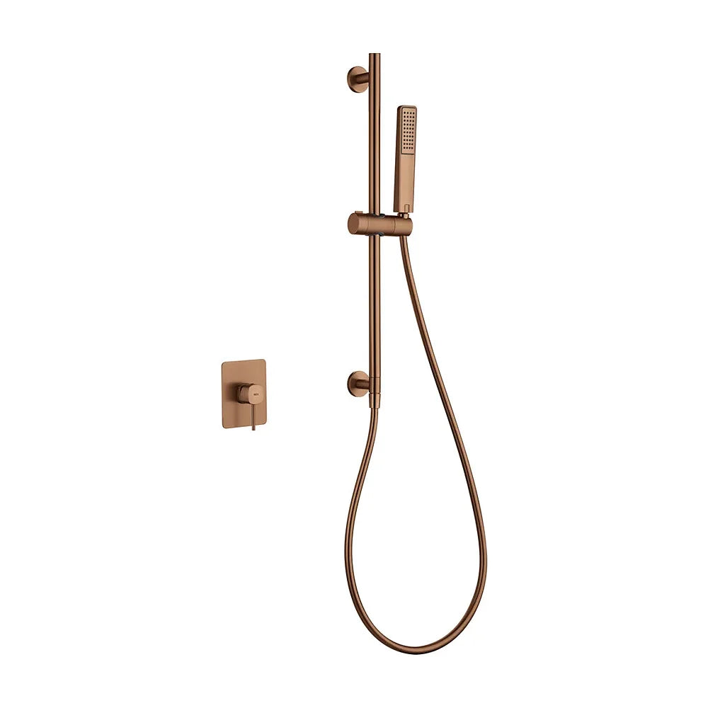 Detalle de funcionamiento de Set monomando empotrado 1 vía Firenze con mango oro rosa cepillado Imex