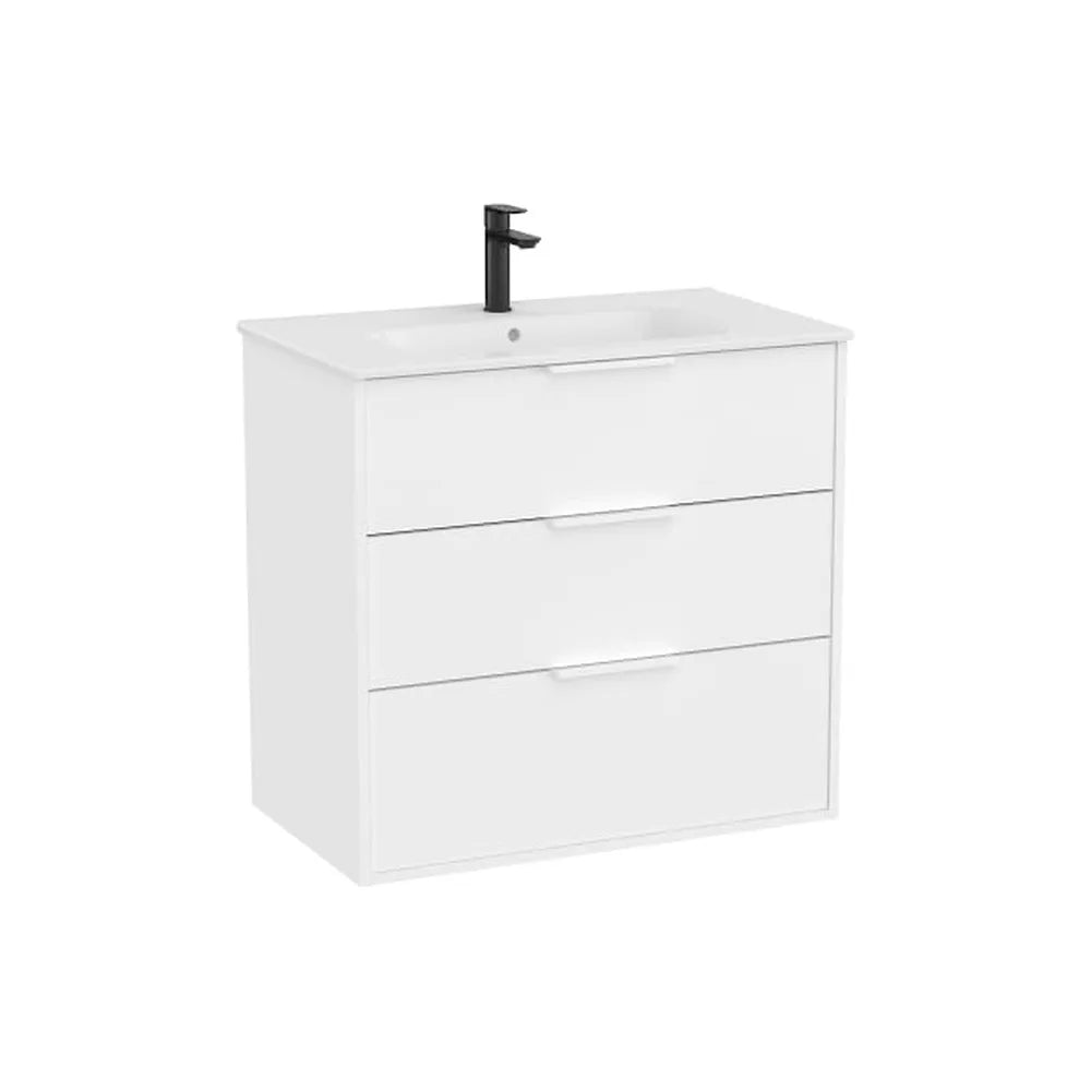 Mueble base suspendido con tres cajones y lavabo de porcelana blanco mate Roca - Vista 1
