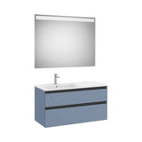 Meuble Vasque Suspendu Deux Tiroirs Avec Lavabo À Gauche Et Tablette Intégrée Miroir Led 100x80cm Colección The Gap Roca