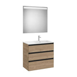 Meuble Bas Trois Tiroirs Avec Vasque À Droite Et Miroir Led X 76 Cm Finition Noyer 80x46 cm Colección The Gap Roca