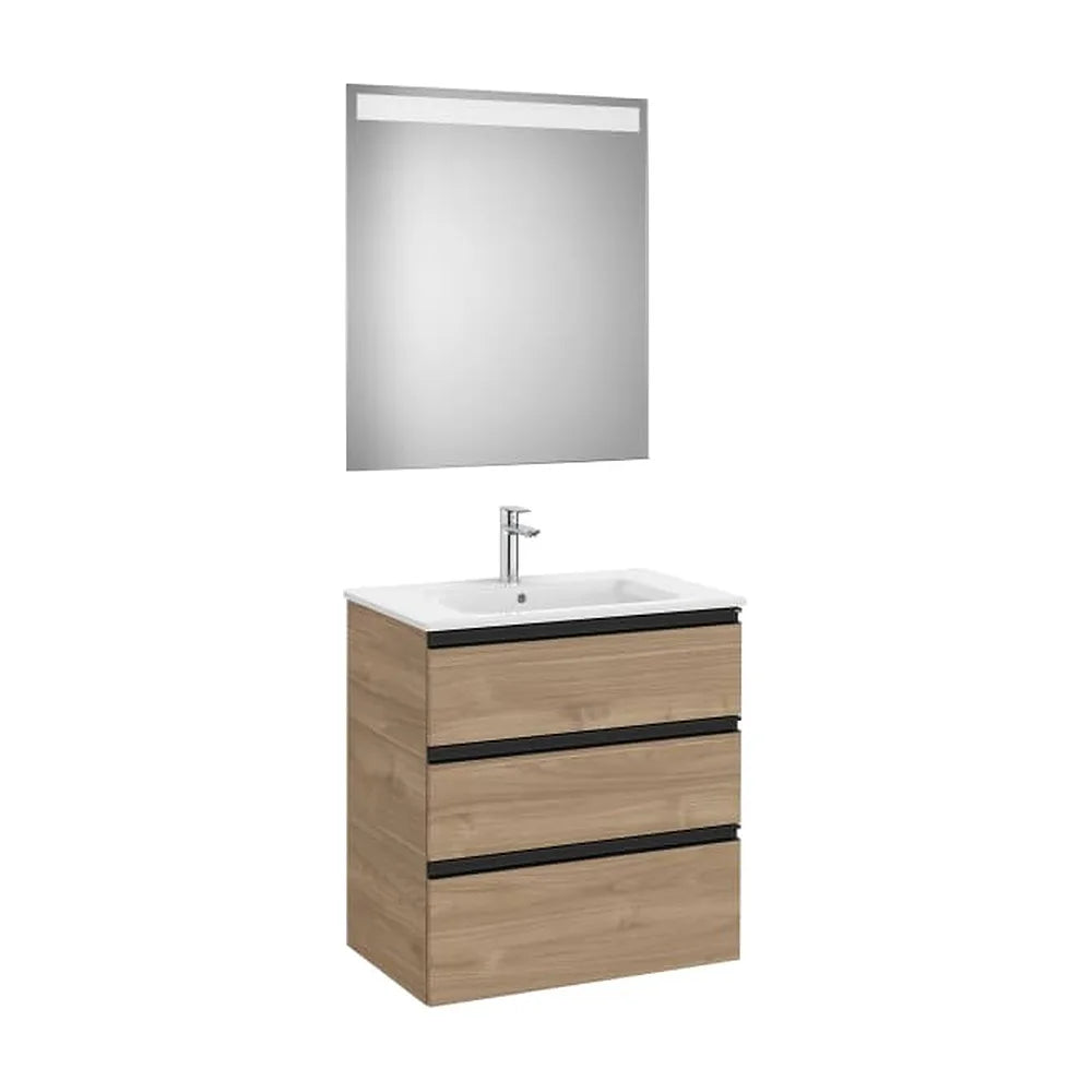Pack mueble base tres cajones lavabo centrado espejo LED 70x46x76 cm Nogal Roca - Vista 1