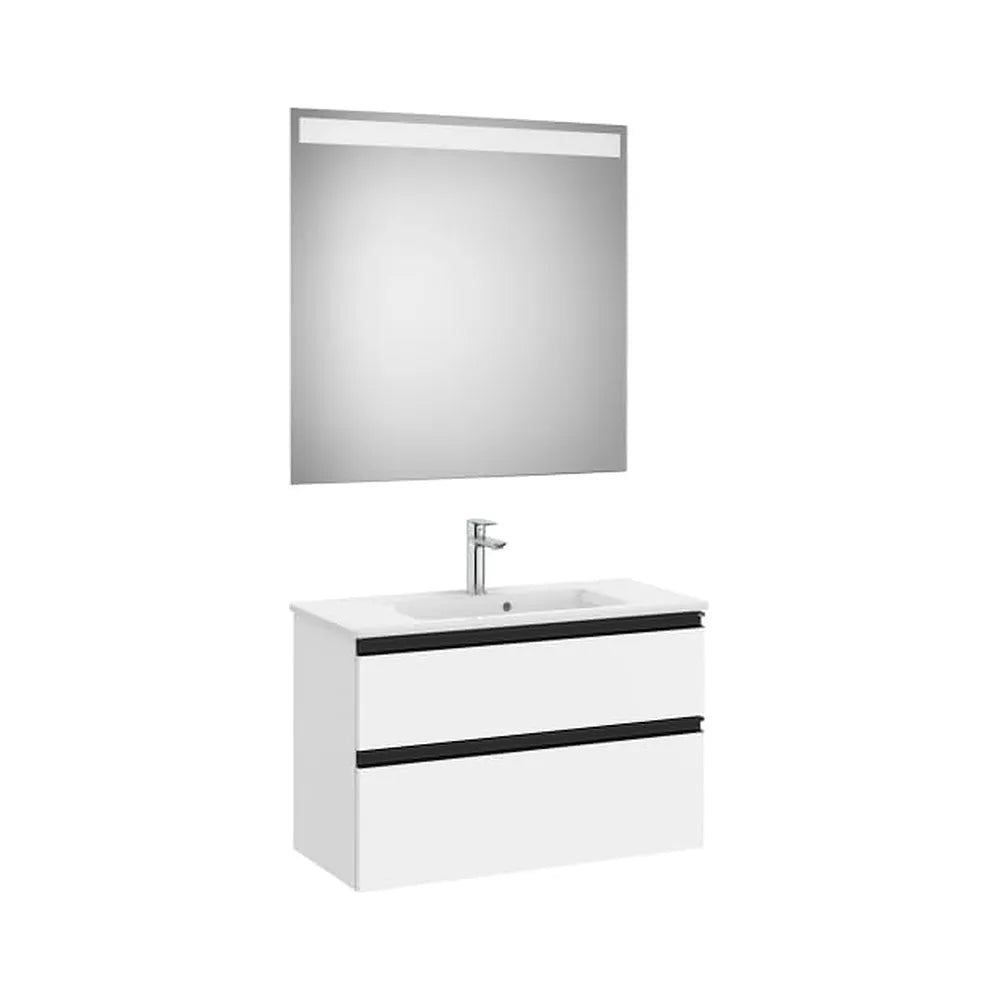 Pack mueble base compacto dos cajones lavabo centrado espejo LED 80x38x54 cm Roca - Vista 1