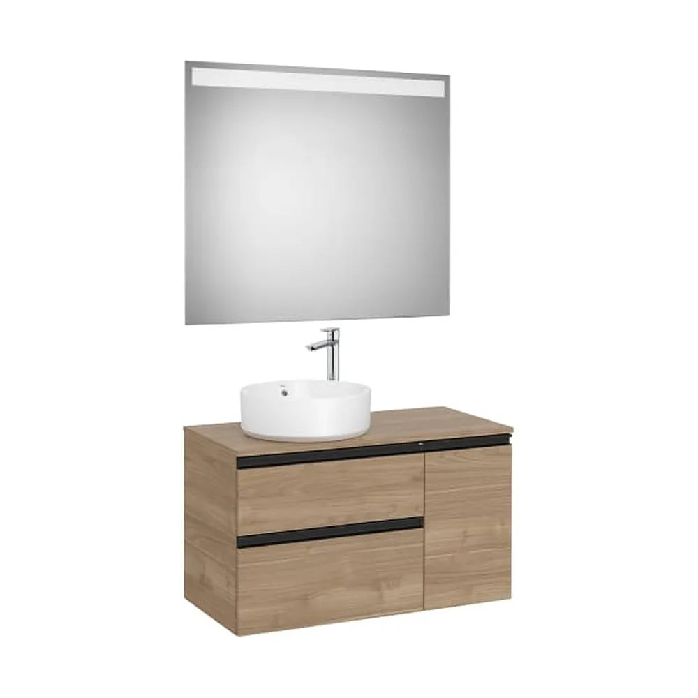 Mueble Base Asimétrico 2 Cajones Una Puerta Lavabo Sobre Encimera Izquierda Espejo Led Colección Eidos Roca - Vista 1