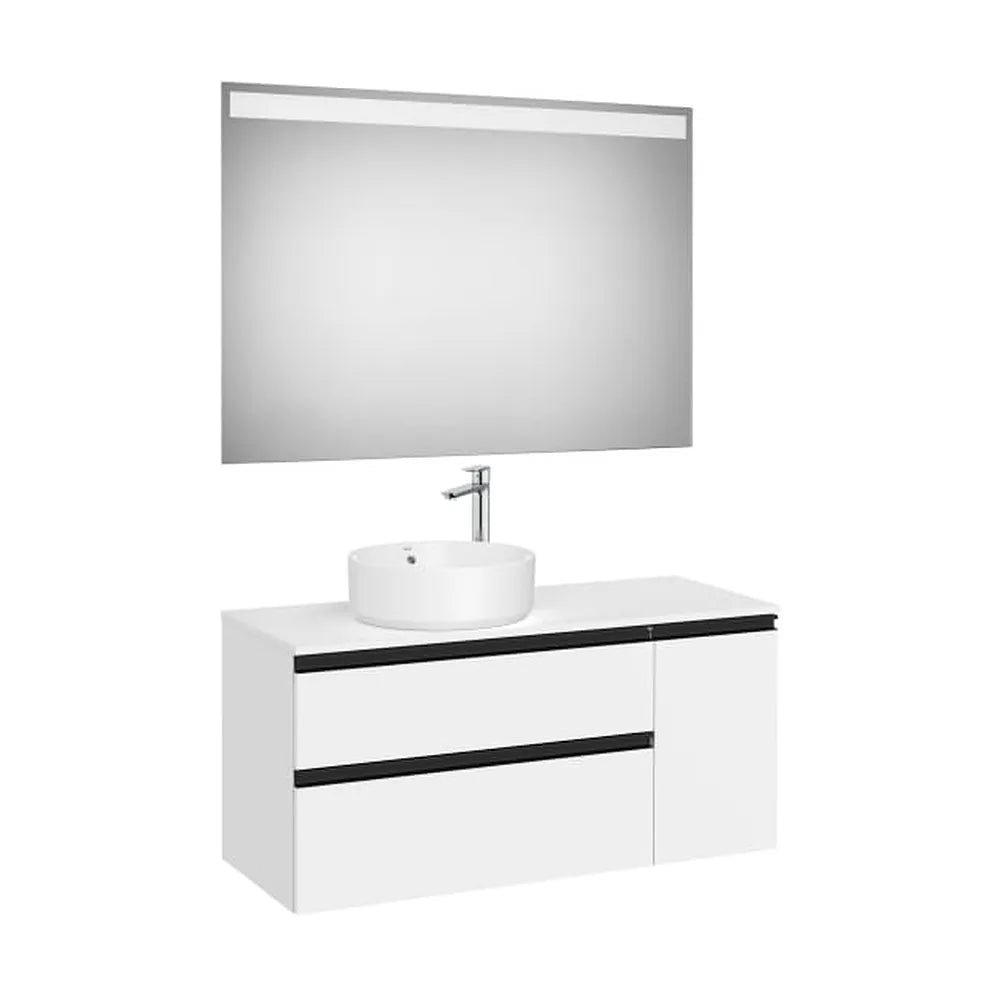 Pack mueble base asimétrico dos cajones una puerta lavabo sobre encimera izquierda espejo LED Eidos Roca - Vista 1