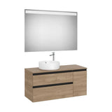 Mueble Base Asimétrico 2 Cajones Una Puerta Lavabo Sobre Encimera Izquierda Espejo Led Colección Eidos Roca