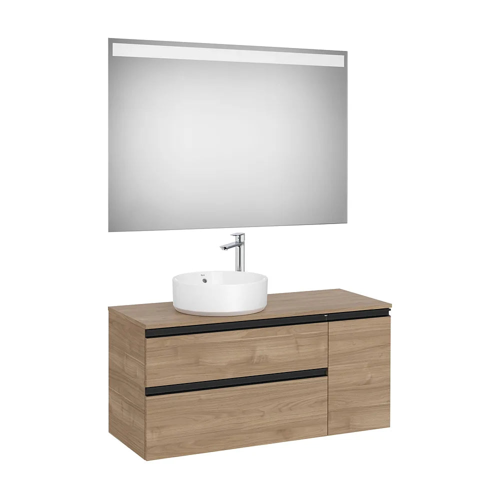 Pack mueble base asimétrico dos cajones una puerta lavabo sobre encimera izquierda espejo LED Eidos Roca - Vista 2