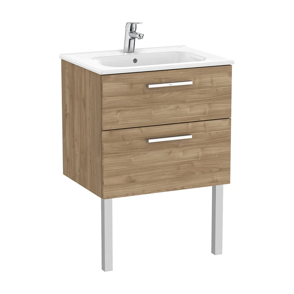 Mueble base suspendido dos cajones con lavabo porcelana nogal 60x45x52 cm Roca - Vista 2