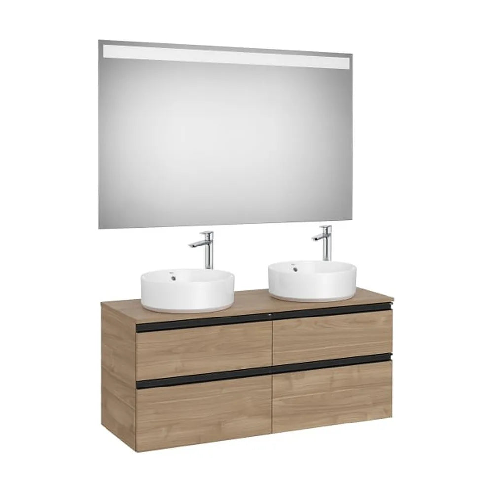 Pack mueble base cuatro cajones para dos lavabos sobre encimera espejo LED 120x46x53 cm Roca - Vista 1