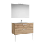 Meuble Bas Suspendu Deux Tiroirs Avec Lavabo Miroir Et Applique Led Starlight 7w 4000 K Finition Noyer Colección Victoria Roca