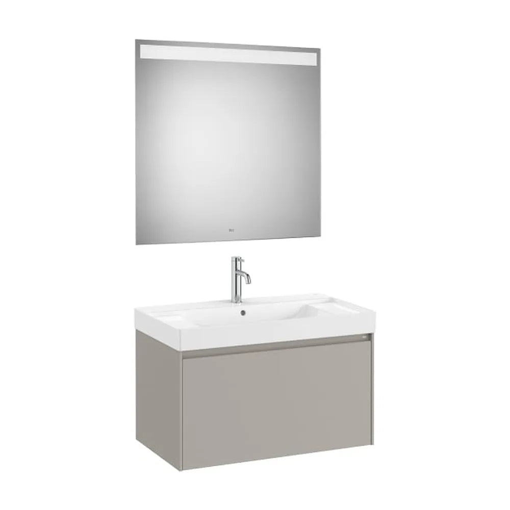 Pack mueble base un cajón lavabo centrado Fineceramic espejo LED Eidos 80x46x50 cm Roca - Vista 1