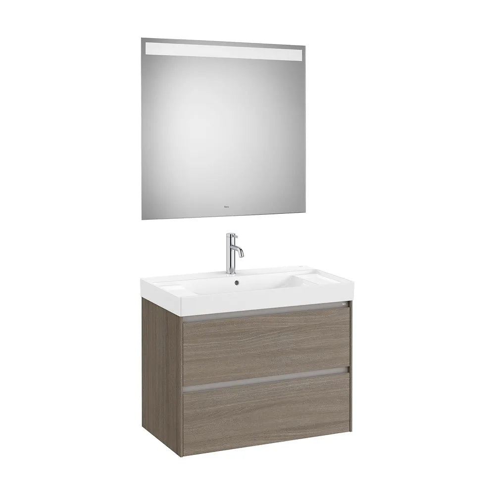 Pack mueble base dos cajones lavabo centrado Fineceramic espejo LED 80x46x64 cm Roca - Vista 2