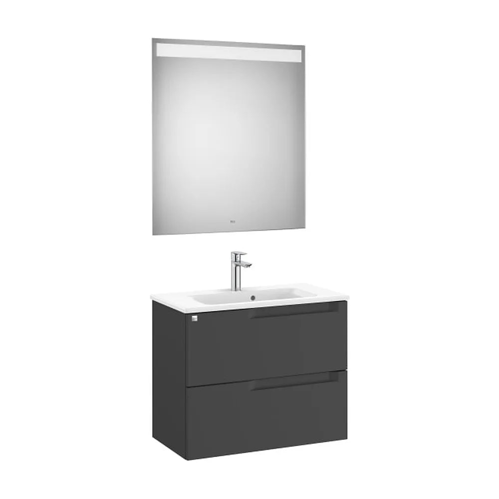 Pack mueble base compacto dos cajones lavabo cuadrado 70x38x56 cm espejo LED Roca - Vista 1