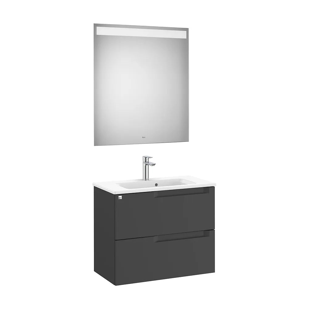 Pack mueble base compacto dos cajones lavabo cuadrado 70x38x56 cm espejo LED Roca - Vista 2