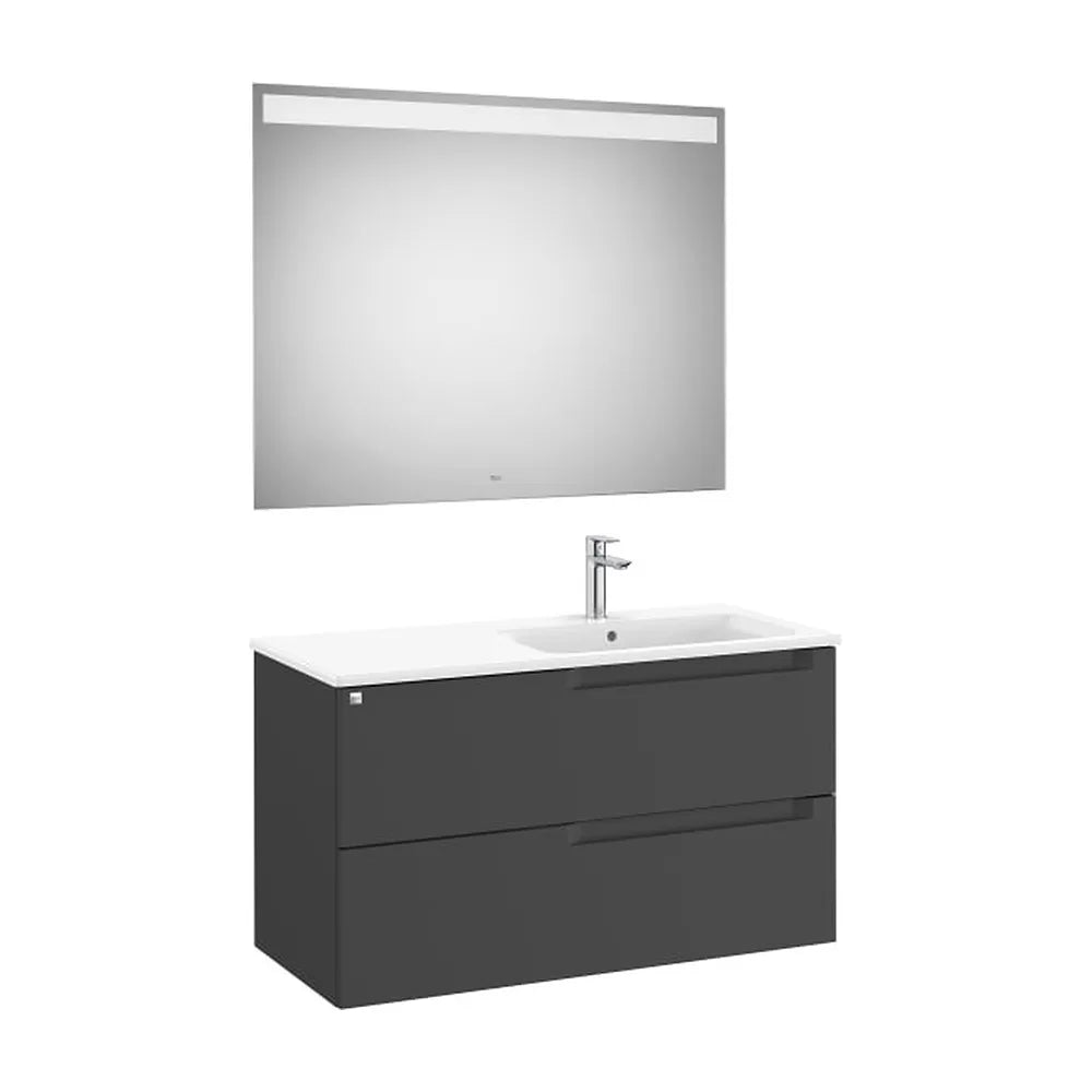 Pack mueble base dos cajones lavabo asimétrico derecha espejo luz LED 100x46x56 cm Roca - Vista 1