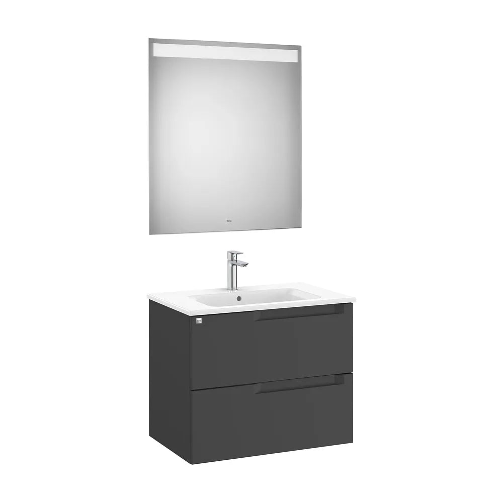 Mueble base suspendido con dos cajones lavabo porcelana 70x46x56 cm espejo LED Roca - Vista 2