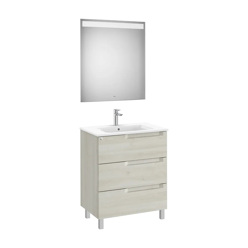 Pack mueble base tres cajones lavabo centrado espejo luz LED blanco Roca - Vista 2
