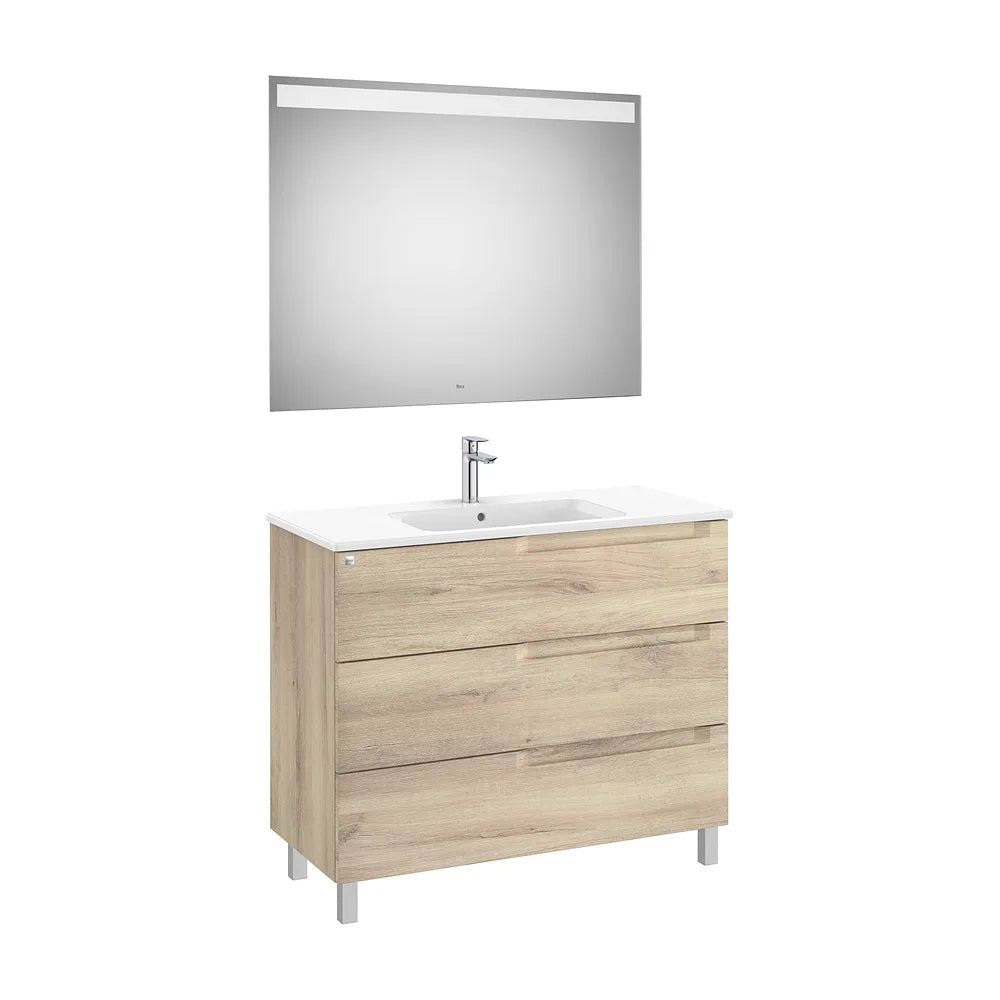 Pack mueble base tres cajones lavabo centrado espejo luz LED 100x46x74 cm Roca - Vista 2