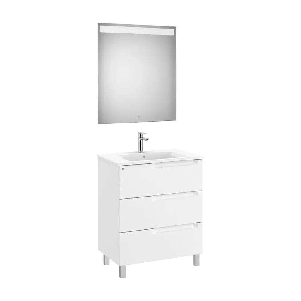 Pack mueble base tres cajones lavabo centrado espejo luz LED blanco mate Roca - Vista 1