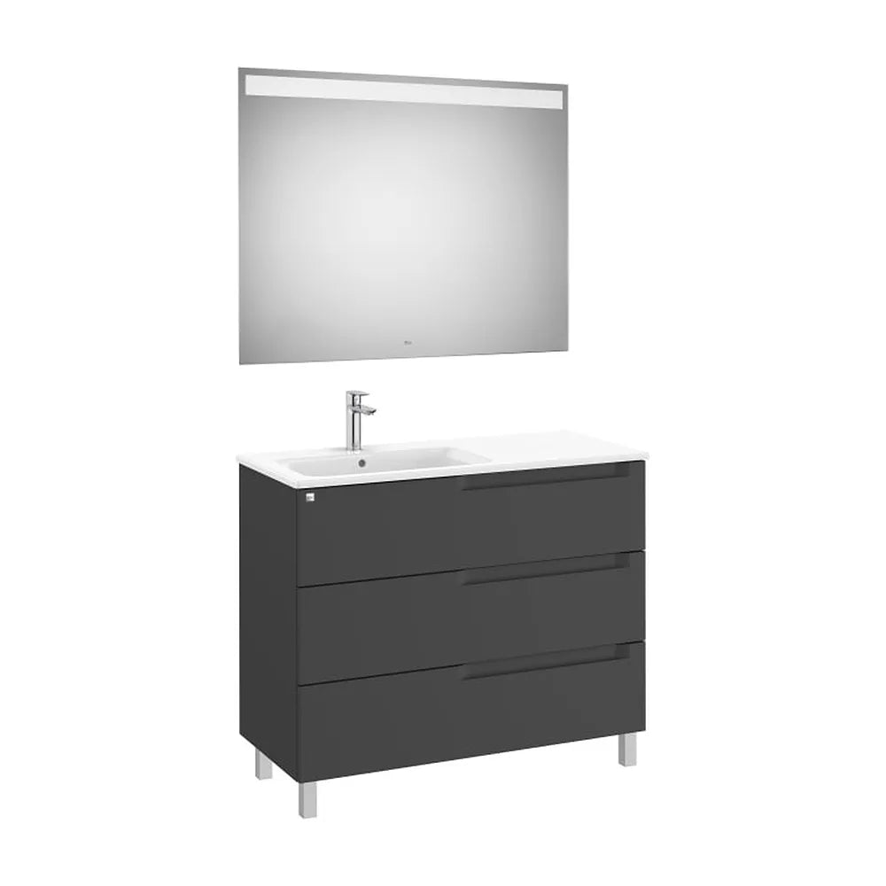 Mueble base tres cajones con patas lavabo asimétrico izquierdo y espejo LED 100x46x85 cm Roca - Vista 1