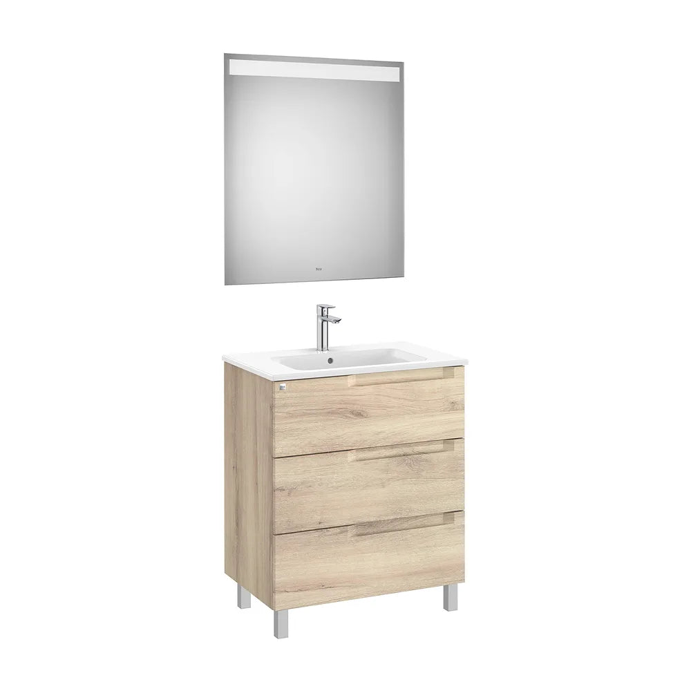 Pack mueble base tres cajones lavabo centrado espejo luz LED beige madera Roca - Vista 2