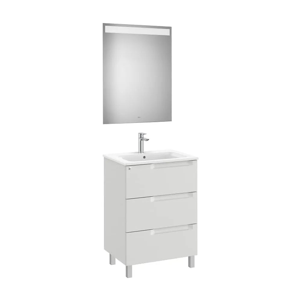 Pack mueble base tres cajones lavabo centrado espejo luz LED 60x46x85 cm Roca - Vista 1
