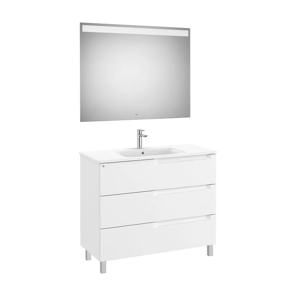 Pack mueble base tres cajones lavabo centrado espejo luz LED 100x46x74 cm Roca - Vista 1