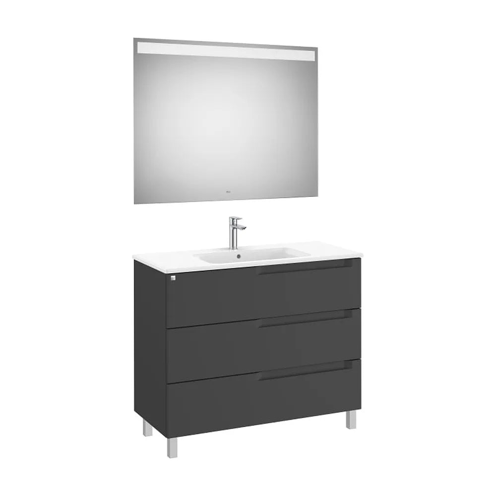 Pack mueble base tres cajones lavabo centrado espejo luz LED 100x46x74 cm Roca - Vista 1