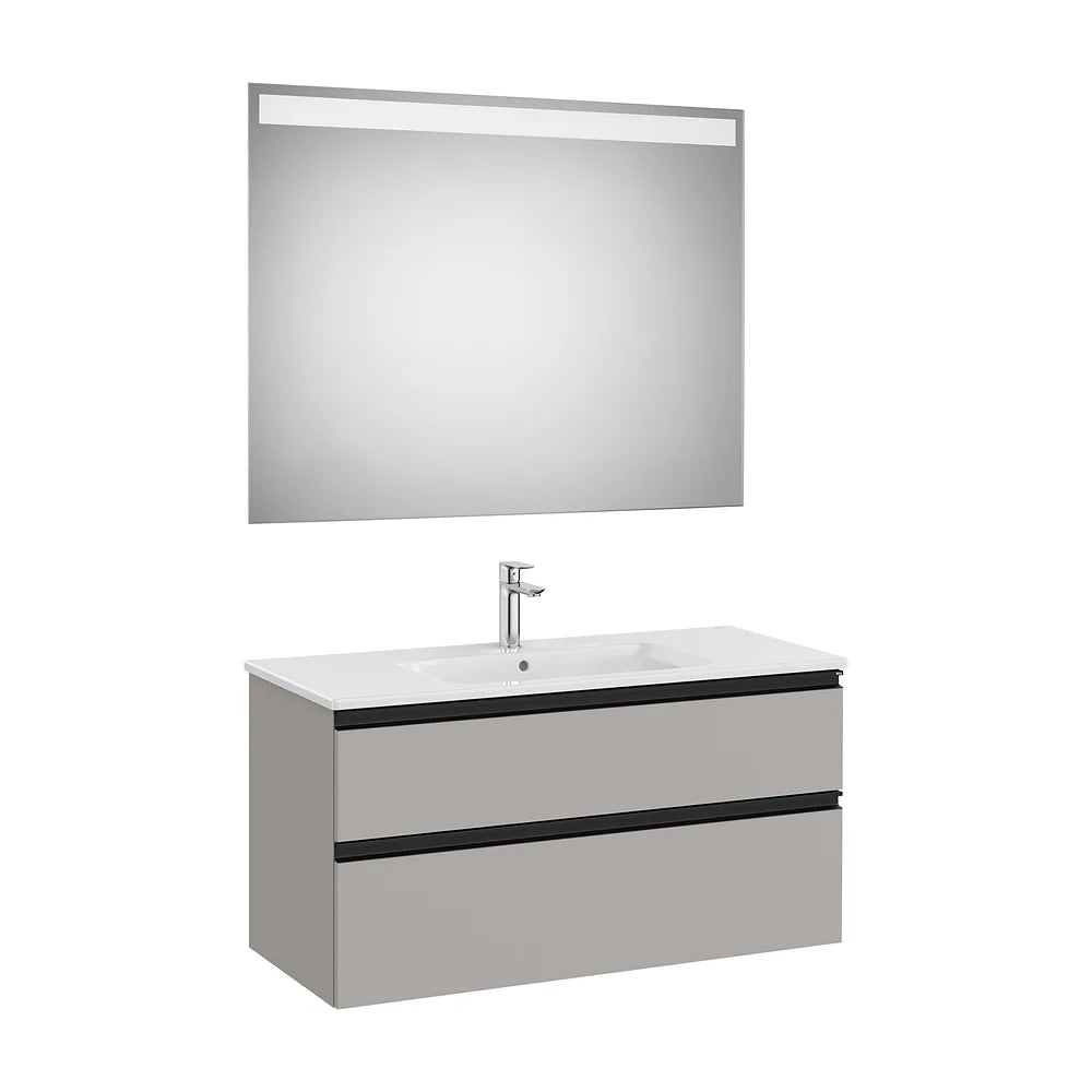 Pack mueble base dos cajones lavabo centrado espejo LED 100x80 cm gris Roca - Vista 2