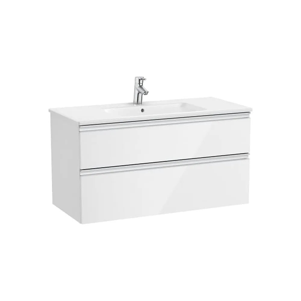 Mueble base suspendido con lavabo cuadrado centrado dos cajones blanco brillo Roca - Vista 1