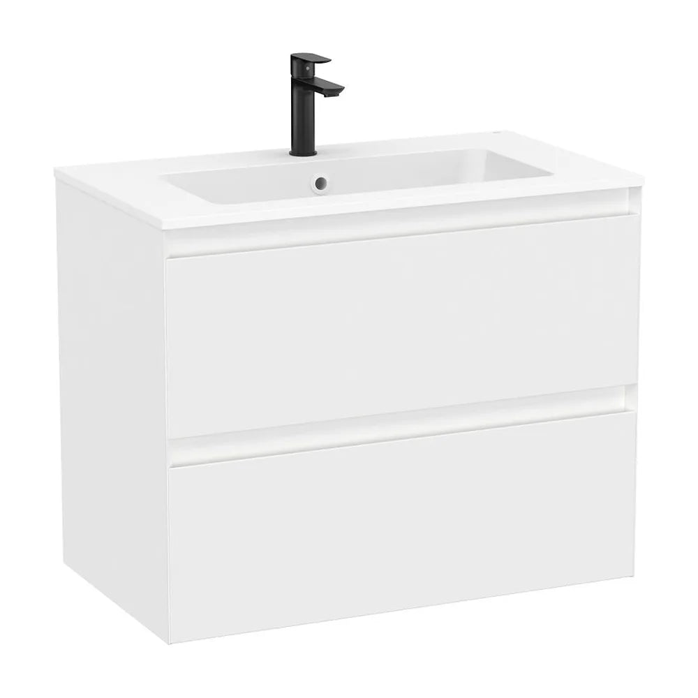 Mueble base suspendido con dos cajones y lavabo cuadrado Stonex blanco mate 80x46x65 cm Roca - Vista 2
