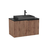Mueble Base Suspendido con Cajón Encimera Marmoleada Negra y Lavabo Sobre Encimera Roca