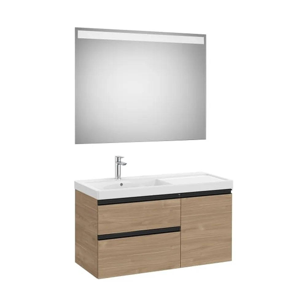 Pack mueble base asimétrico 100x46x57 cm con lavabo plus a la izquierda y espejo LED Roca - Vista 1