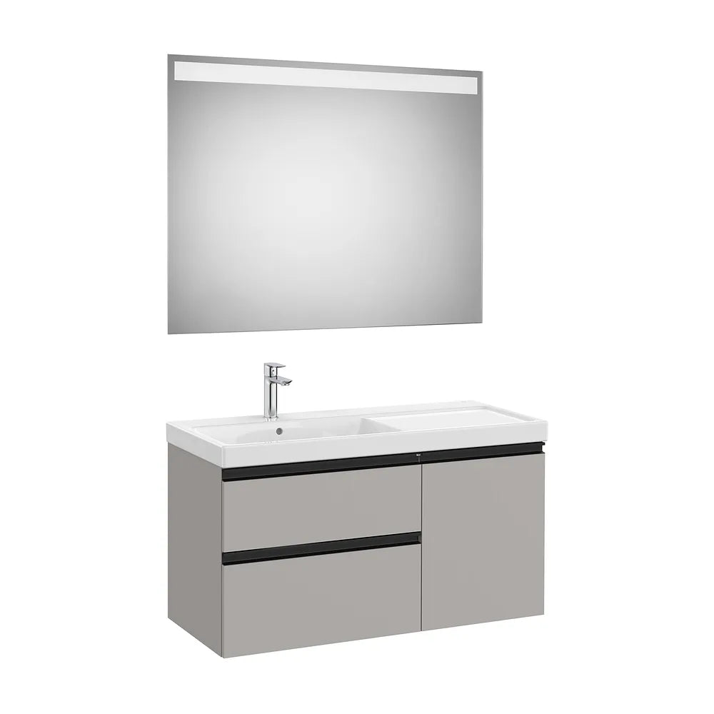 Pack mueble base asimétrico dos cajones una puerta lavabo plus izquierda espejo LED 100x46x57 cm Roca - Vista 2